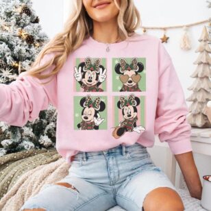 Retro Minnie Leopard Safari Christmas Shirt, Customizable Character Safari Holiday Tee 9 animal kingdom squad shirt in butter yellow with Winnie the Pooh 4 panel Christmas safari art