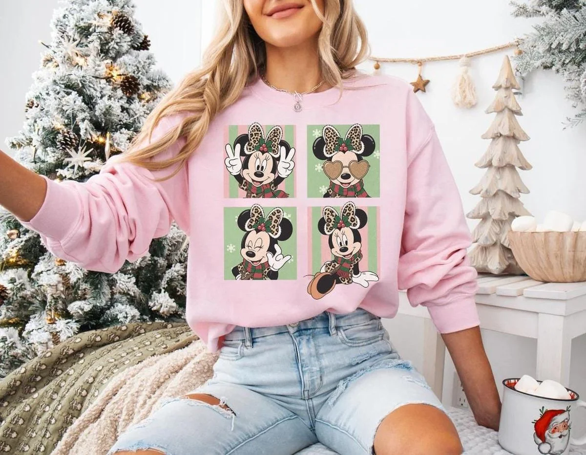 Retro Minnie Leopard Safari Christmas Shirt, Customizable Character Safari Holiday Tee 4 animal kingdom squad shirt in butter yellow with Winnie the Pooh 4 panel Christmas safari art