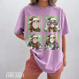 Retro Minnie Leopard Safari Christmas Shirt, Customizable Character Safari Holiday Tee 10 Buzz Lightyear 4 photo panels disney tee in Comfort Colors orchid purple with gingham shorts