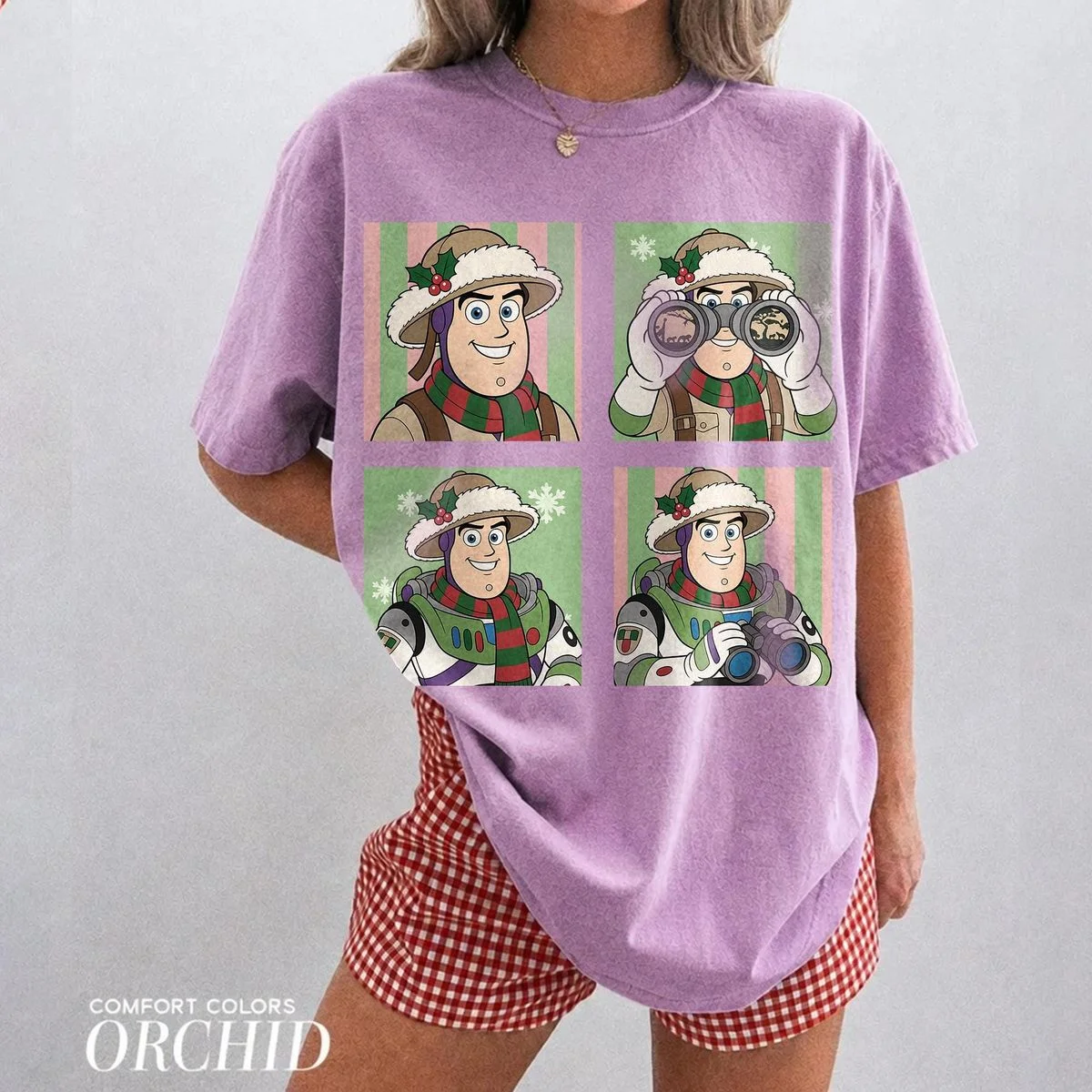 Retro Minnie Leopard Safari Christmas Shirt, Customizable Character Safari Holiday Tee 5 Buzz Lightyear 4 photo panels disney tee in Comfort Colors orchid purple with gingham shorts