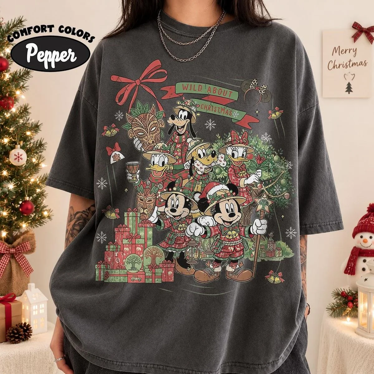 Vintage Wild About Christmas Safari Shirt Iconic Plaid Squad, Comfort Colors Disney Holiday Shirt 11 comfort colors 1717 disney holiday shirt in pepper vintage black with plaid safari Mickey gang