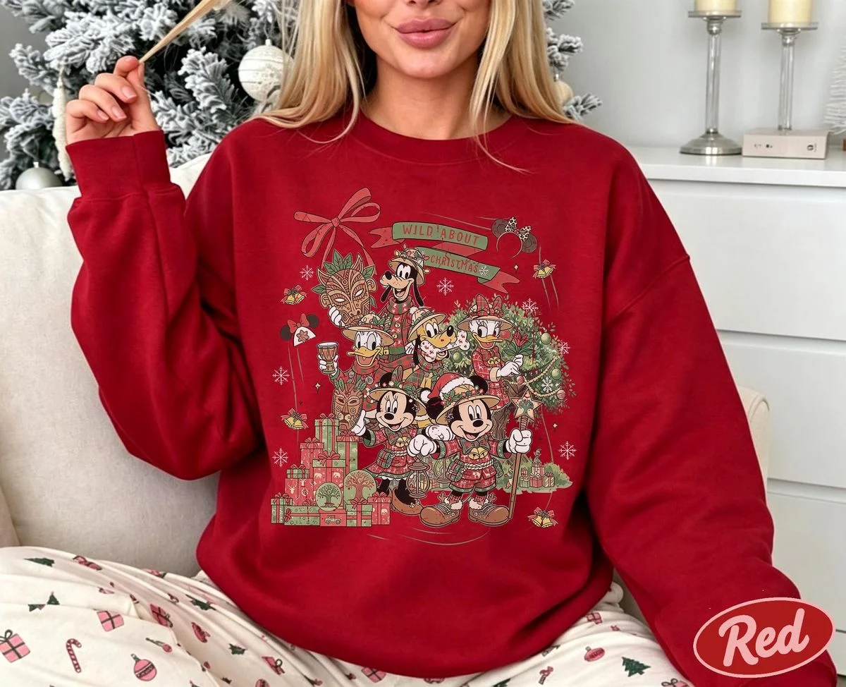 Vintage Wild About Christmas Safari Shirt Iconic Plaid Squad, Comfort Colors Disney Holiday Shirt 7 snow globe animal kingdom shirt art on classic Christmas red crewneck sweatshirt