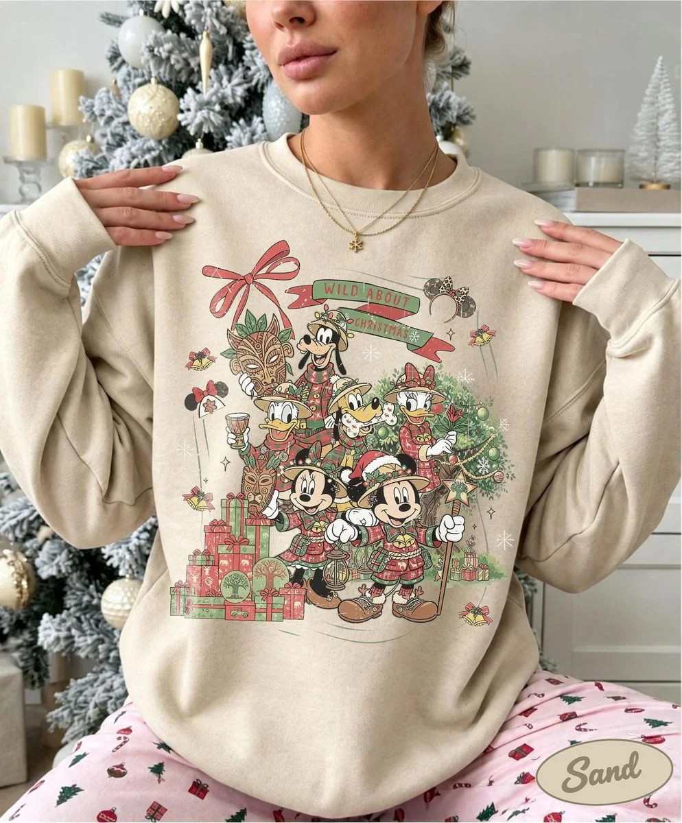 Vintage Wild About Christmas Safari Shirt Iconic Plaid Squad, Comfort Colors Disney Holiday Shirt 6 tartan mickey friends christmas tee design on sand beige crewneck sweatshirt with holiday pajamas