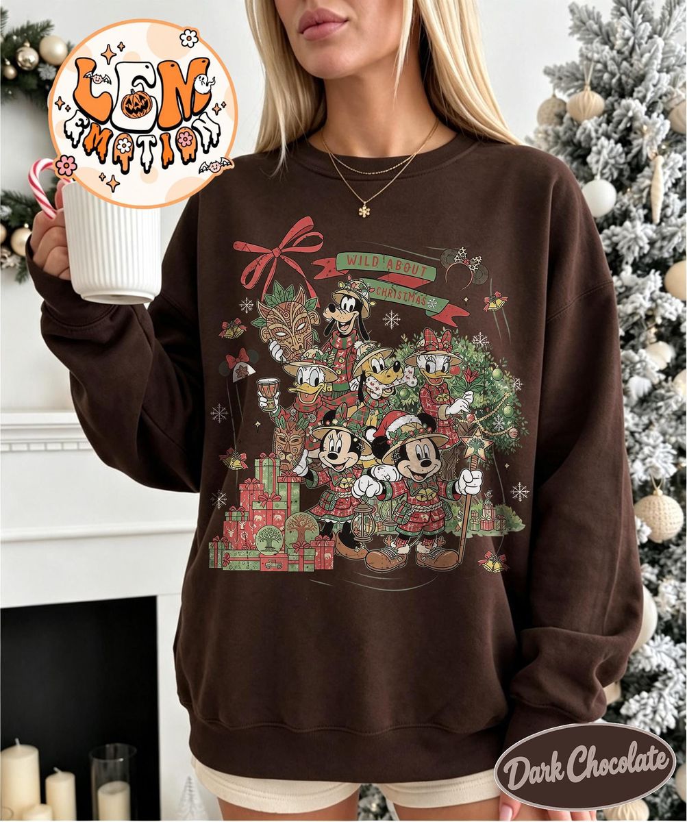 Vintage Wild About Christmas Safari Shirt Iconic Plaid Squad, Comfort Colors Disney Holiday Shirt 22 vintage wild about christmas safari shirt graphic on dark chocolate brown crewneck sweatshirt