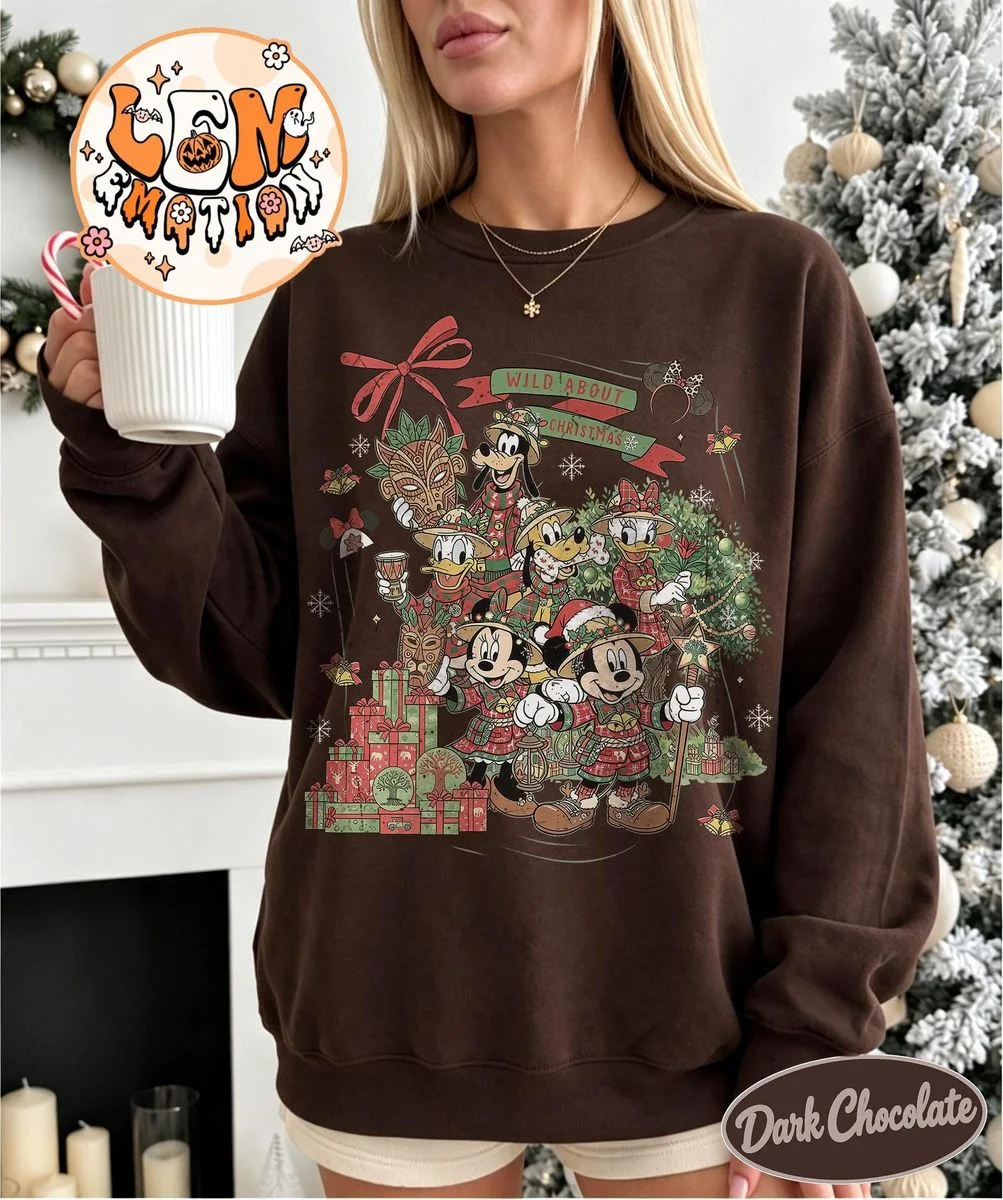 Vintage Wild About Christmas Safari Shirt Iconic Plaid Squad, Comfort Colors Disney Holiday Shirt 3 vintage wild about christmas safari shirt graphic on dark chocolate brown crewneck sweatshirt