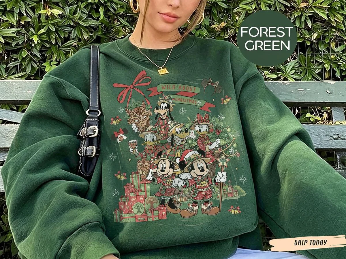 Vintage Wild About Christmas Safari Shirt Iconic Plaid Squad, Comfort Colors Disney Holiday Shirt 2 vintage wild about christmas safari shirt art on forest green crewneck sweatshirt outdoors