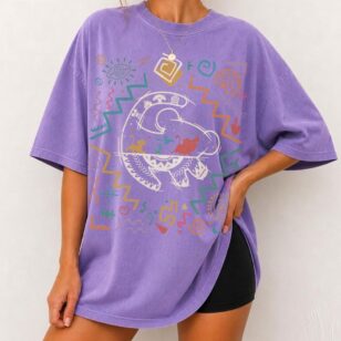 Violet purple oversized vintage lion king tribal safari shirt worn with black biker shorts