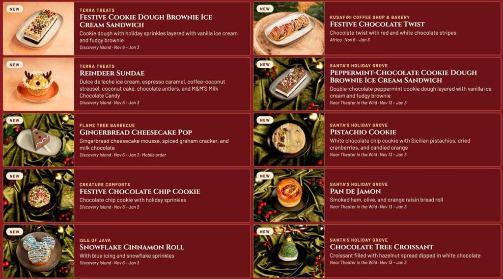 Christmas at Animal Kingdom Secrets Every Traveler Needs for 2027 32 Official Disney holiday foodie guide menu board showing seasonal treats at Terra Treats, Flame Tree Barbecue, and Santa's Holiday Grove