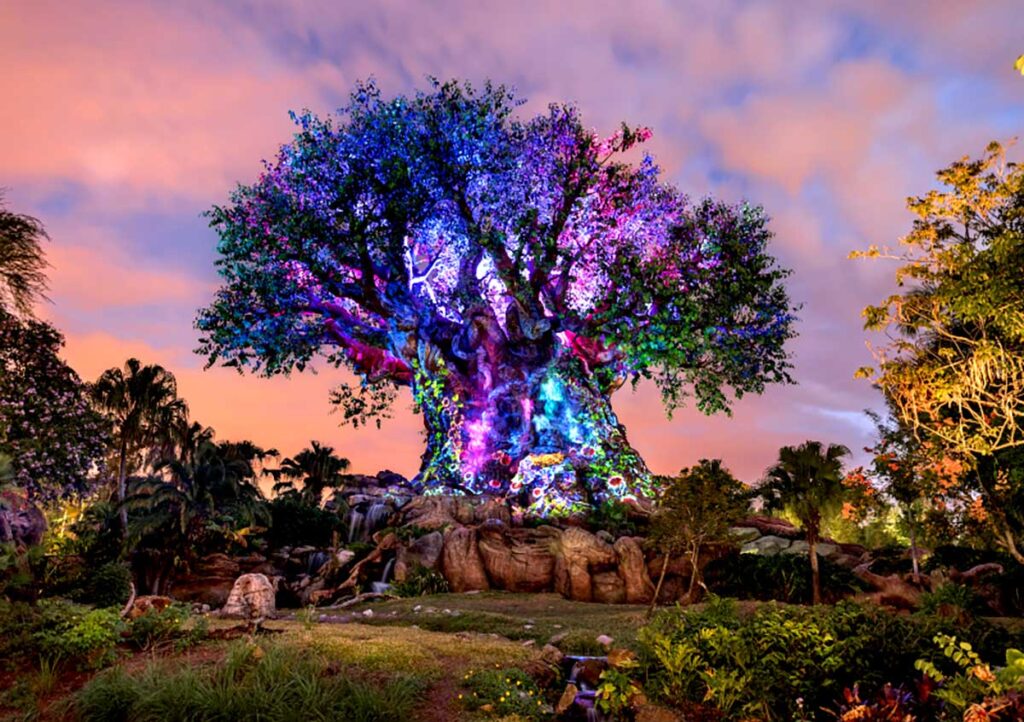 Christmas at Animal Kingdom Secrets Every Traveler Needs for 2027 11 The Tree of Life illuminated with purple and blue projection lights against a pink and purple sunset sky at Animal Kingdom